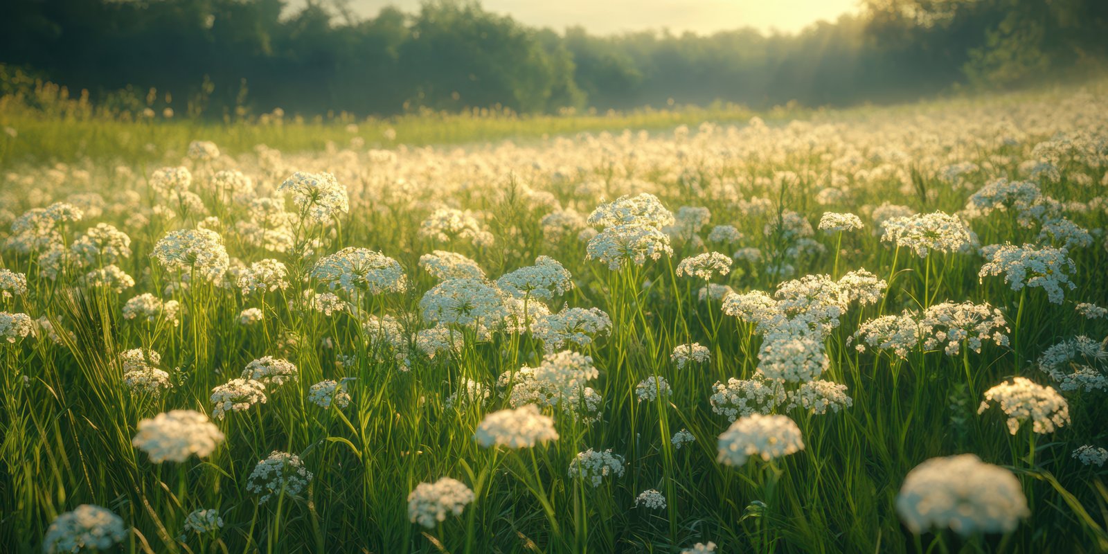 Sunlit field with blooming white flowers in the morning light surrounded by lush greenery